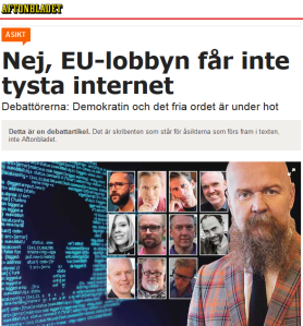 Debattartikel hos Aftonbladet: "Nej, EU-lobbyn får inte tysta internet"